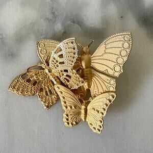 Gold Tone Layered Butterfly Brooch Pin Vintage Style Statement Jewelry